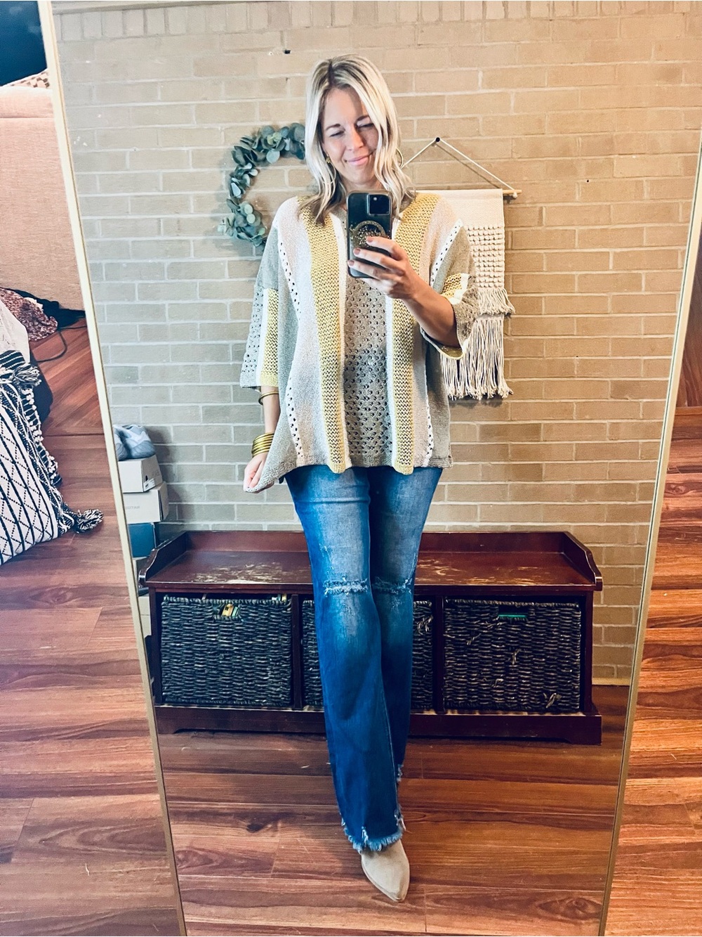 easel V-Neck Stripe Knit Sweater in Taupe, Yellow, White